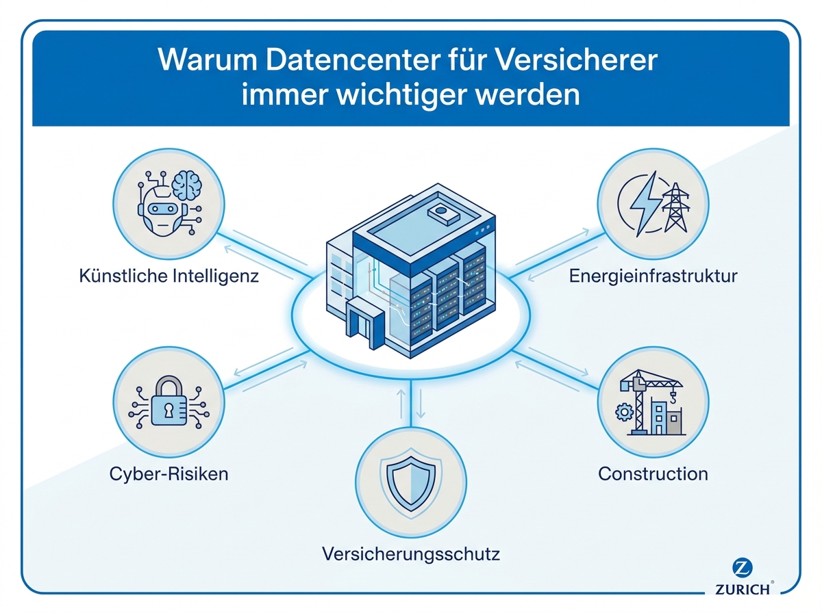 Infografik im Zurich Design mit einem Datencenter im Zentrum, umgeben von fünf verbundenen Themen: Künstliche Intelligenz, Energieinfrastruktur, Cyber-Risiken, Construction und Versicherungsschutz, mit der Überschrift „Warum Datencenter für Versicherer immer wichtiger werden“.