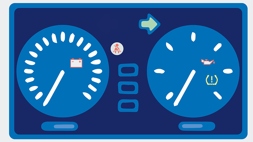Illustration eines Tachos mit leuchtenden Warnhinweisen