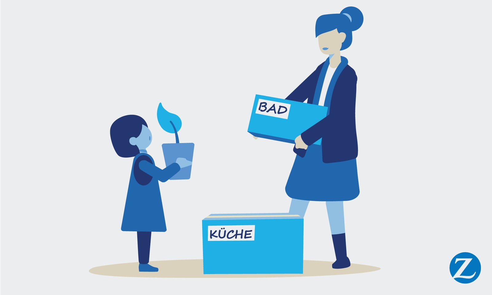 Ein Kind und eine Frau packen Umzugskartons ein