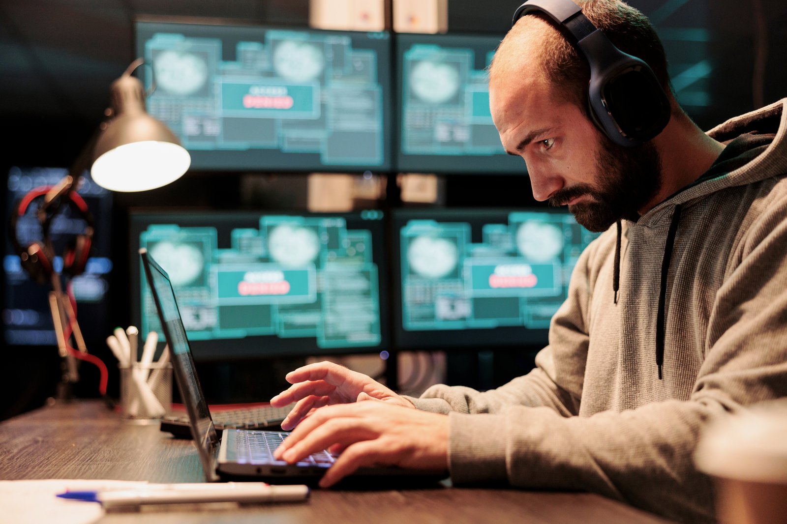 Ein Mann mittleren Alters und Vollbart gibt konzentriert etwas in einem Laptop ein. Im Hintergrund sieht man vier Screens mit Daten.